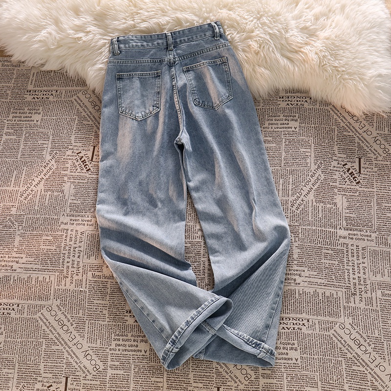 Warna Biru muda Highwaist Robek-Robek Loose Kasual Celana Jeans Panjang Wanita