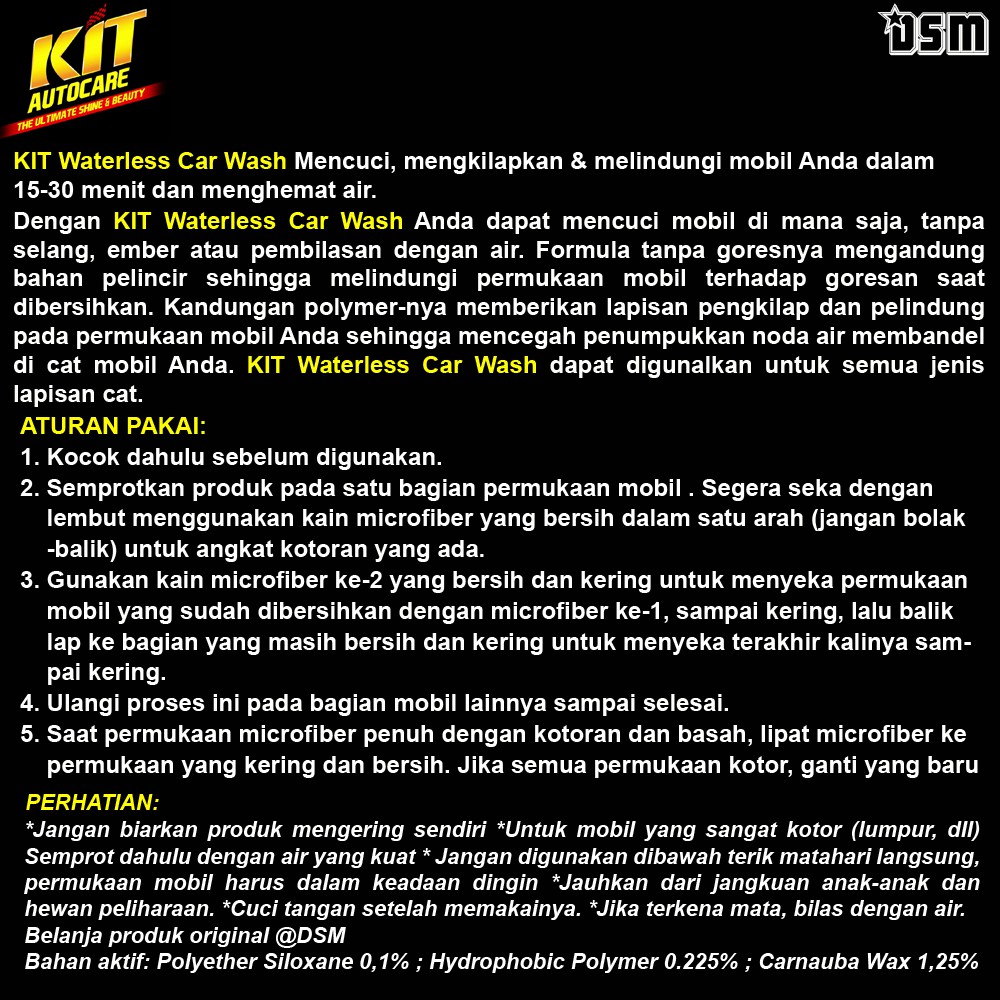 KIT Waterless Car Wash 500 ml Refill / Mencuci Tanpa Air Tanpa Gores Dalam 15 menit / DSM