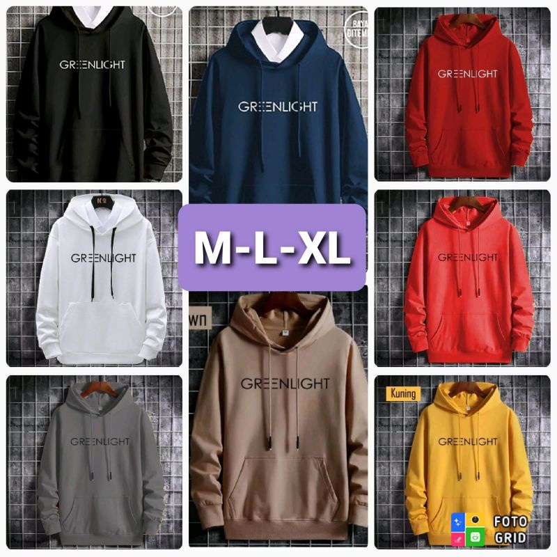 HOODIE GREENLIGHT  SWEATER HOODIE PRIA BAHAN FLEECE TEBAL MANGSET TANGAN DAN BAN BAJU BAHAN RIB
