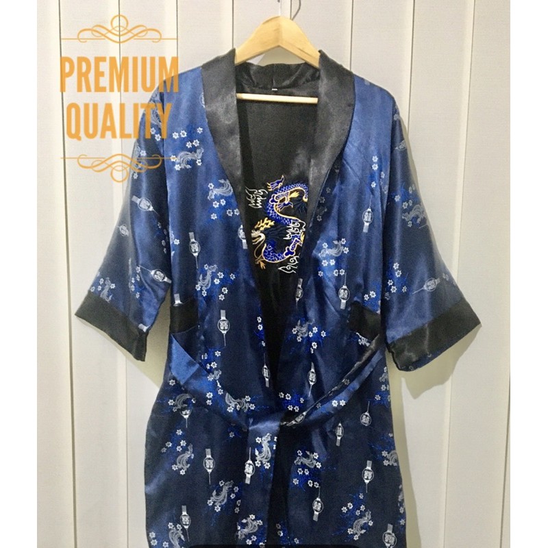 Preloved Jas Jubah Kimono Robe Satin Bordir Naga Biru Oriental Premium Bride Groom Wanita Pria