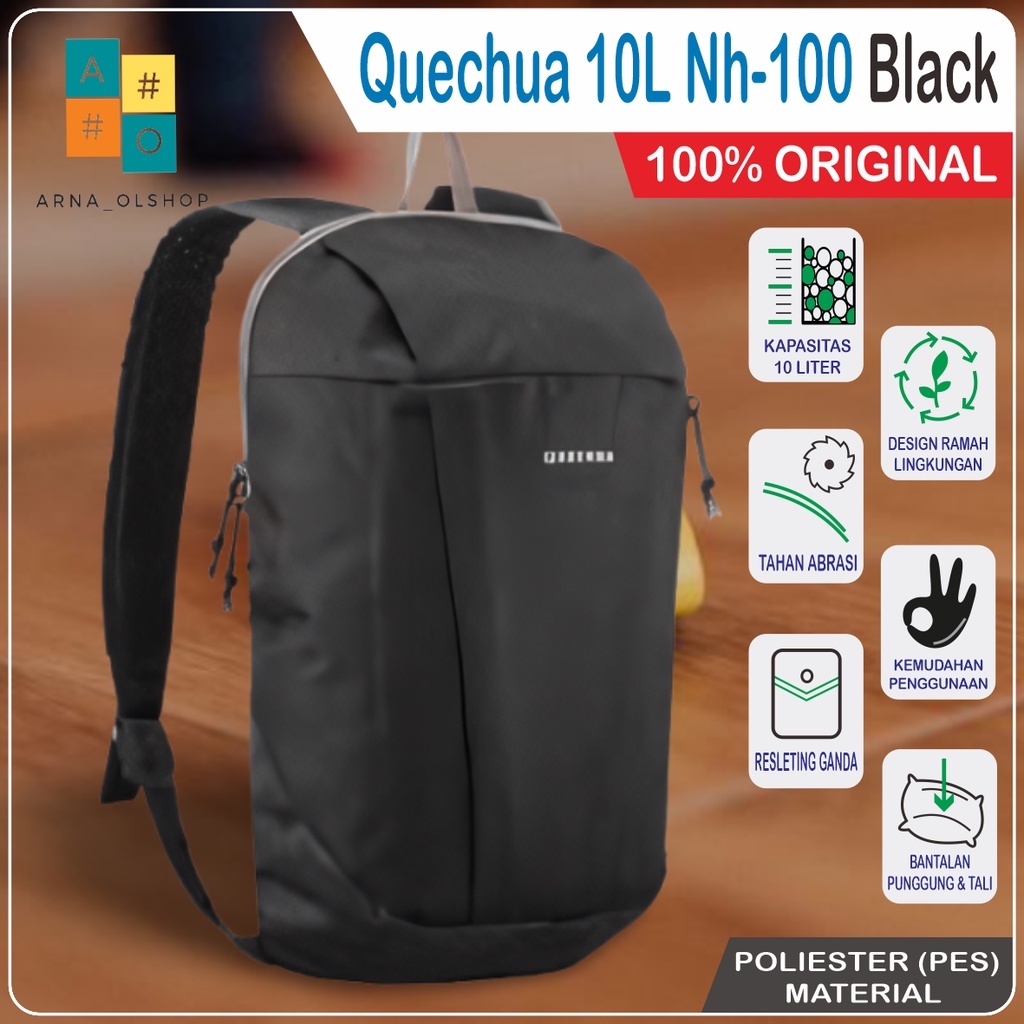 Quechua Tas Ransel Sepatu Sport mini 10 Liter Hitam Nh100 Backpack Original Camping Hiking All Black