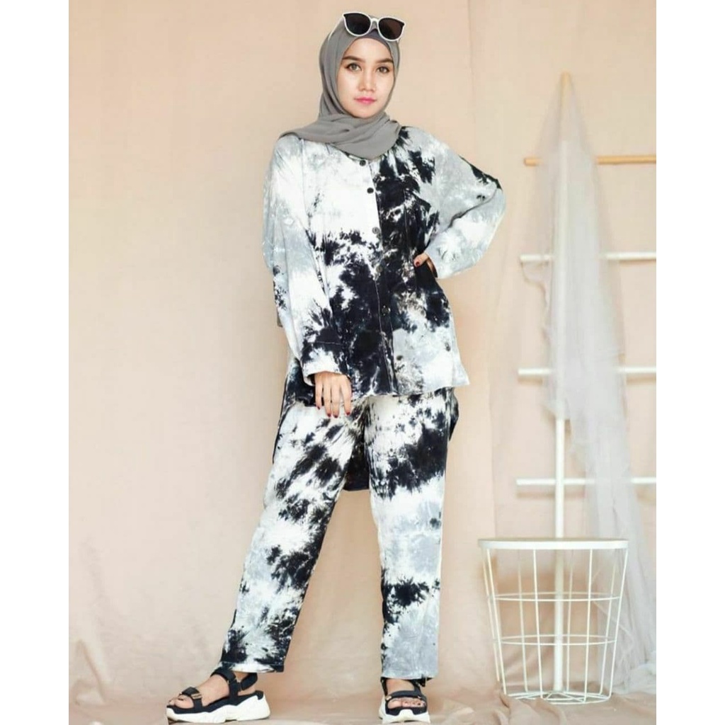 Cow Set - One Set Wanita Rayon Premium Setelan Wanita Tie Dye Lengan Panjang Set Wanita Kekinian LD 110 cm