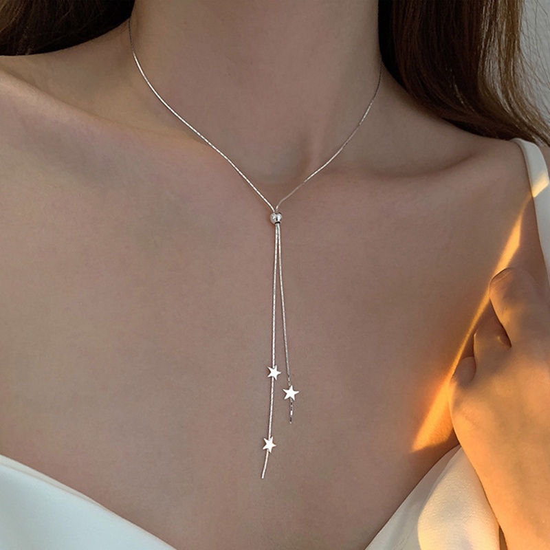 Kalung Choker Rantai Klavikula Bahan 925 Sterling Silver Desain Bintang Rumbai Panjang Untuk Wanita