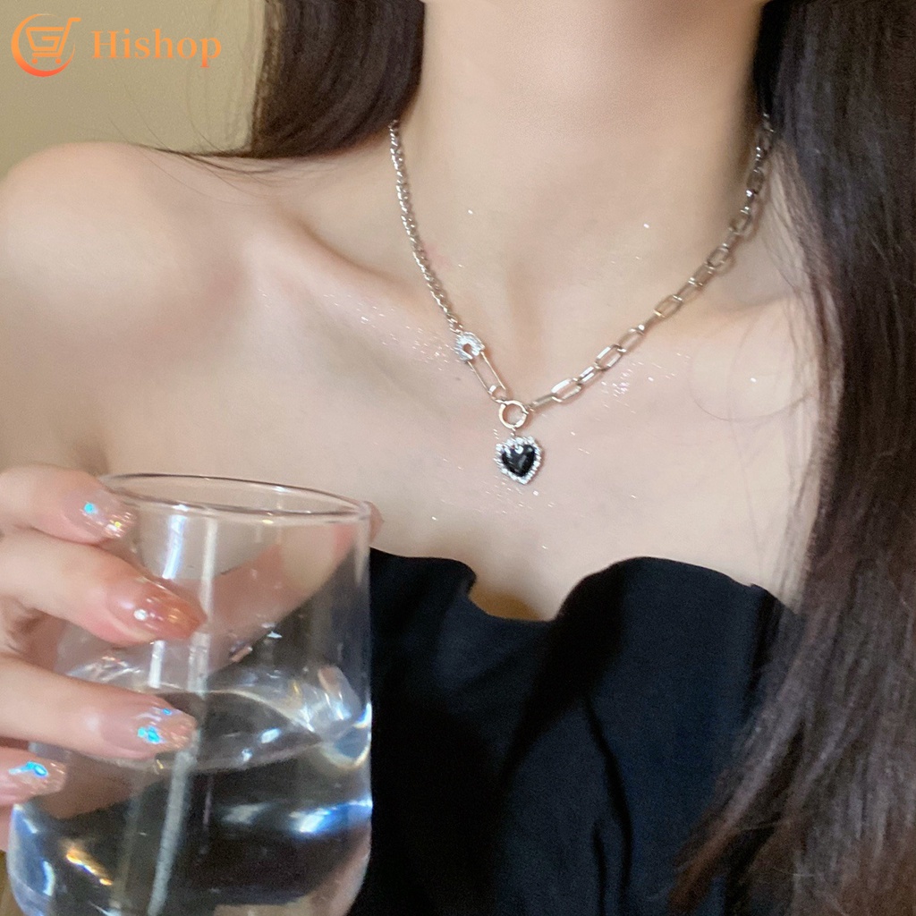 Kalung Choker Rantai Warna Silver Bentuk Hati Hitam Untuk Aksesoris Perhiasan