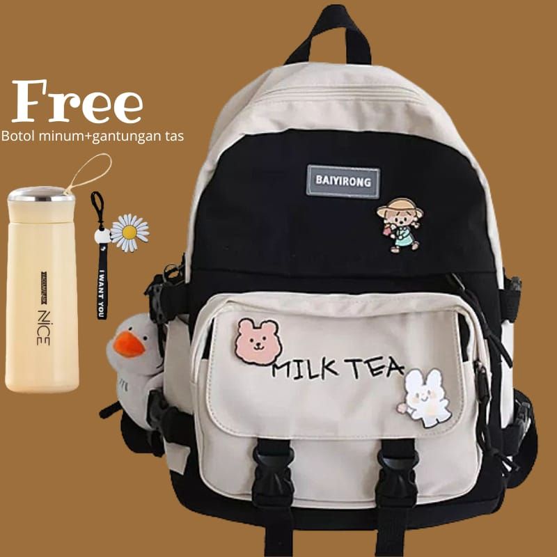 GTB TAS RANSEL WANITA TERBARU MODEL KOREA KANVAS BACK TO SCHOOL TAS WANITA MILK TEA  INCLUDE / BROS Tas Kekinian Tas Casual