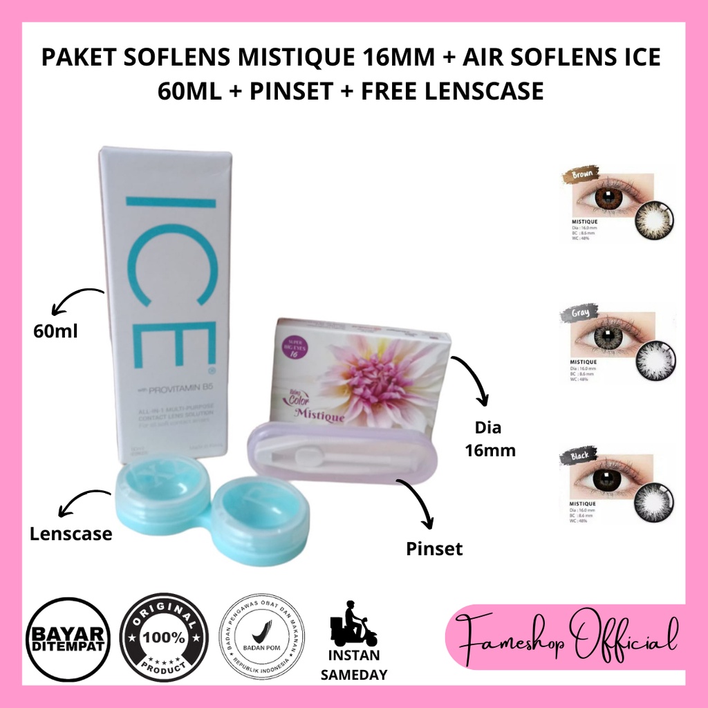 PAKET SOFTLENS MISTIQUE DIA 16MM + CAIRAN ICE 60ML + PINSET + LENSCASE / COD INSTAN SAMEDAY / LENSA KONTAK / PAKET MURAH