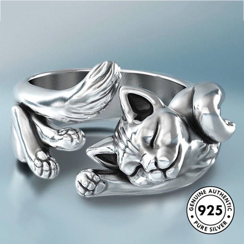 Cincin Model Terbuka Desain Kucing Bahan S925 Silver