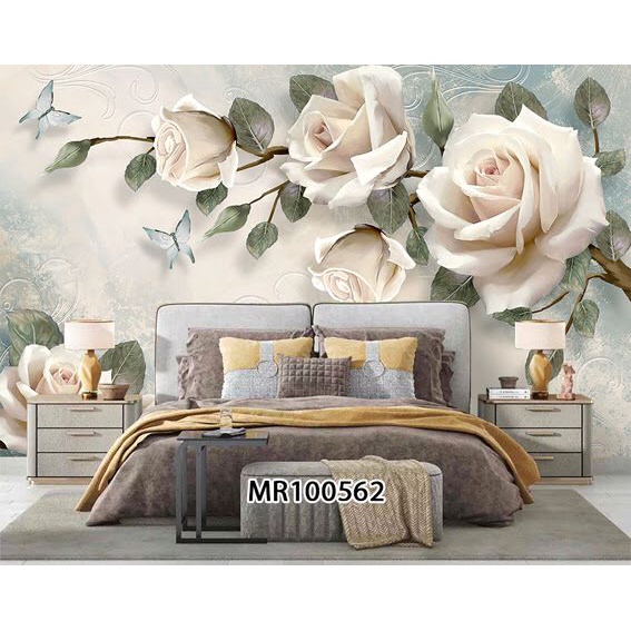 WALLPAPER 3D DINDING PHOTOWALL MURAL MOTIF BUNGA MAWAR PUTIH CANTIK KAMAR 2