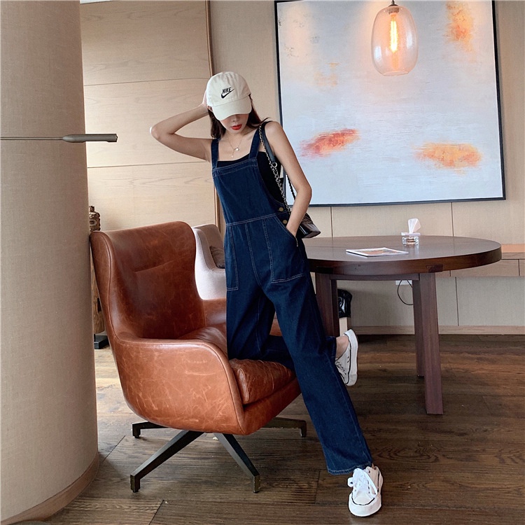 Suspender Celana Kodok Dark Denim Wanita Korea Style High Waist Pelangsing Jumpsuit HongKong Gaya Chic Lebar Kaki