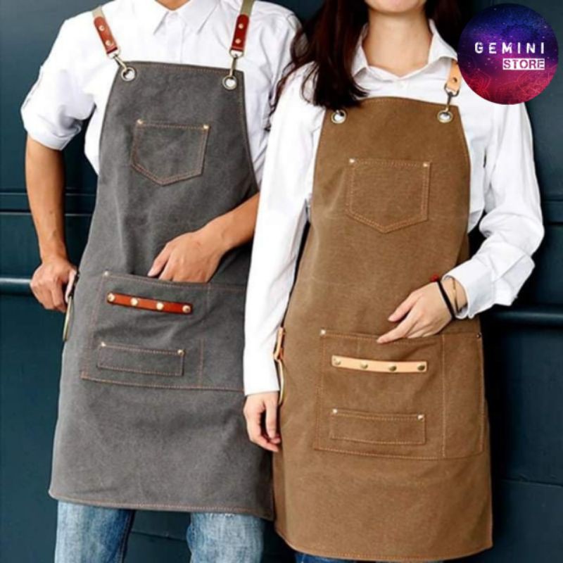 Celemek Apron Celemek Masak Apron Barbershop Apron Bartender Bahan Canvas Leather Pria Wanita