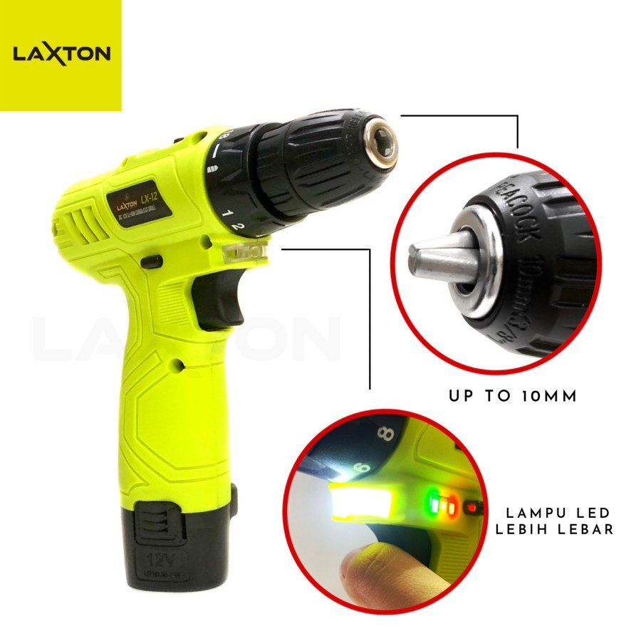 LAXTON Mesin Bor Cordless SET 26 pcs 12v Baterai Tangan drill 10 mm