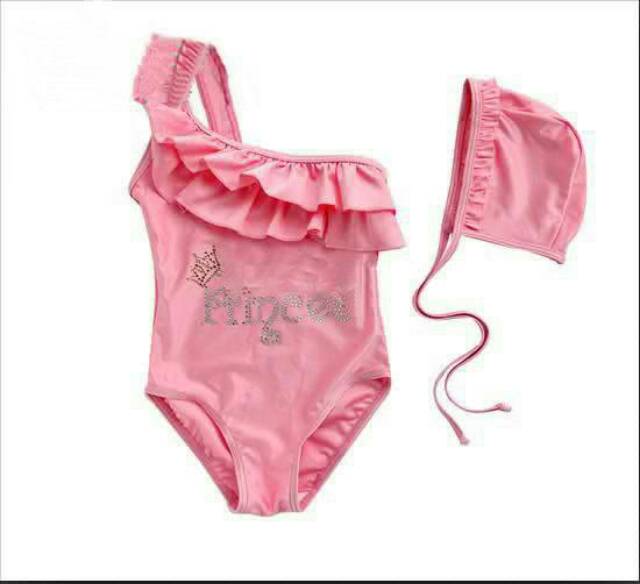 Swimsuit anak cew model one shoulder with cap