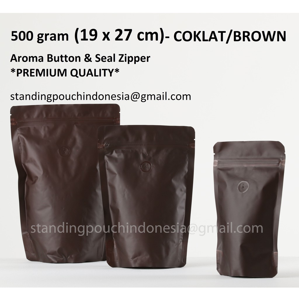 

Kemasan Kopi Standing Pouch 500g (50PCS) (VALVE + ZIPPER) COKLAT *PREMIUM*