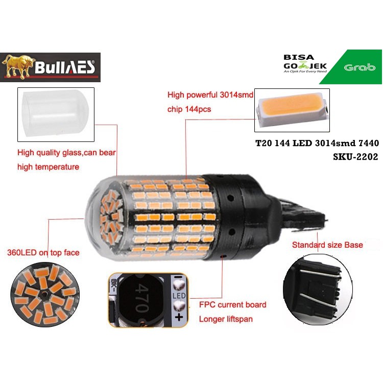 Lampu LED T20 7440 144 LED SUPER BRIGHT BULLAES I Lampu Led Sein Mobil I BOHLAM Sein