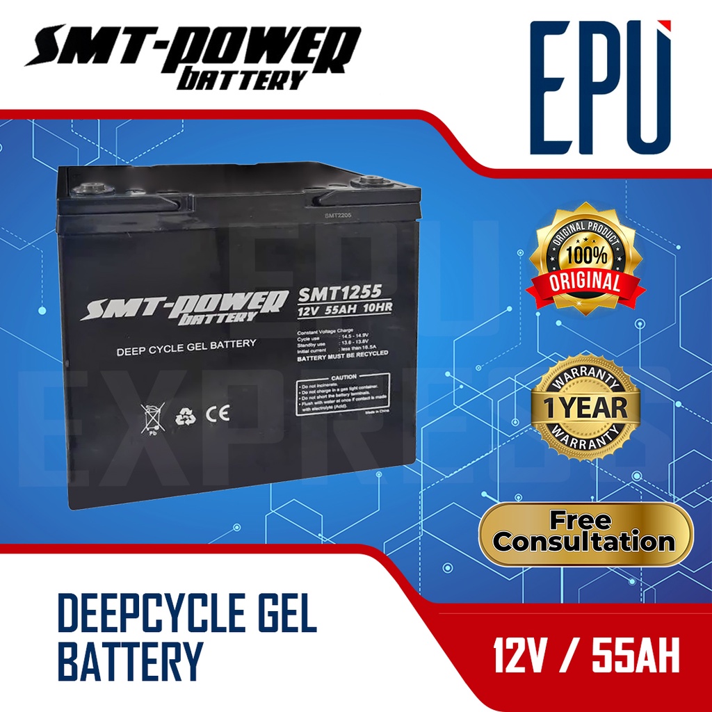 Aki Samoto SMT 12v 55ah Baterai UPS Aki Deep Cycle Gel Battery Solar