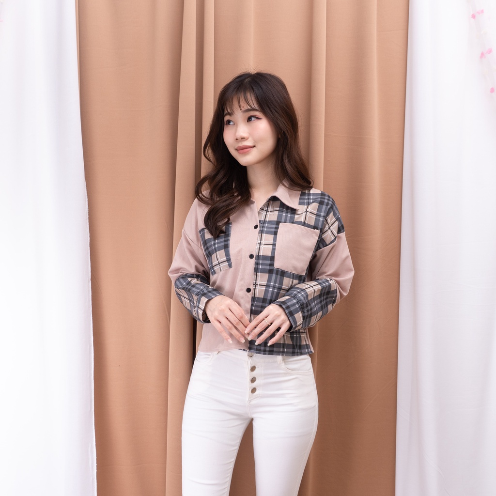 IL - PURIN TOP BLOUSE TWO TONE SHIRT KEMEJA 2 SAKU PREMIUM | ATASAN CROP WANITA REMAJA KOREAN STYLE