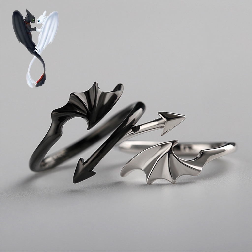 Cincin Desain Angel and Devil Warna Silver Hitam Gaya Hip Hop Untuk Pria Dan Wanita