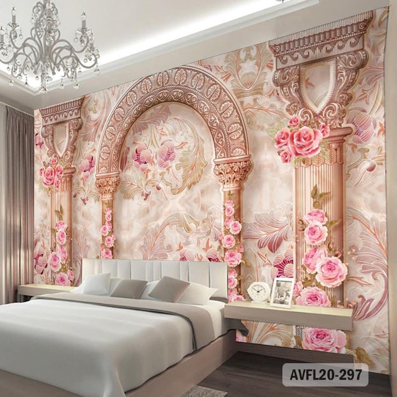 Wallpaper 3D Wall custom Motif Bunga Mewar Sakura, Wallpaper Backdrop Panel 3d flowers