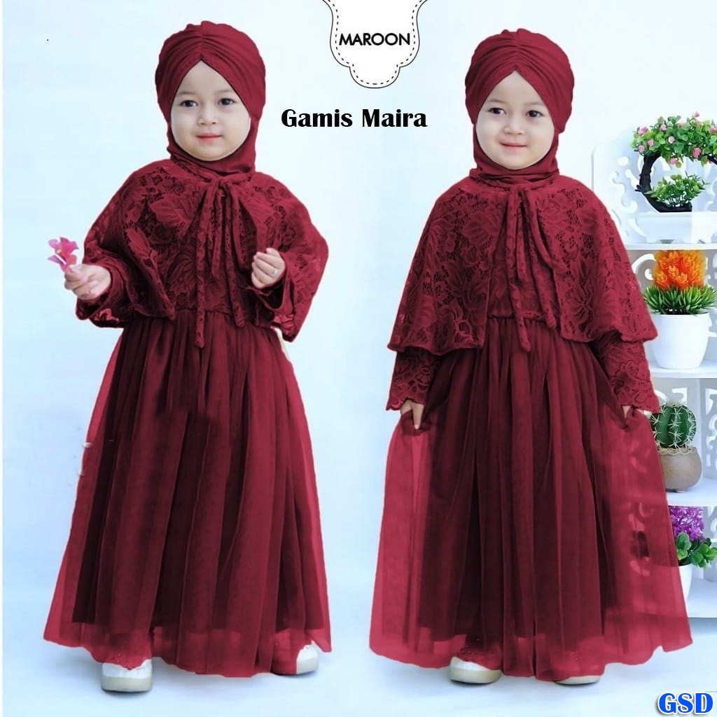 Gamis Maira Kids/ Baju Gamis Syari Anak + Cardi Brukat Tali ikat Usia 3-5 Tahun/Pakaian Kondangan Anak/Baju Lebaran Mewah Elegant Murah