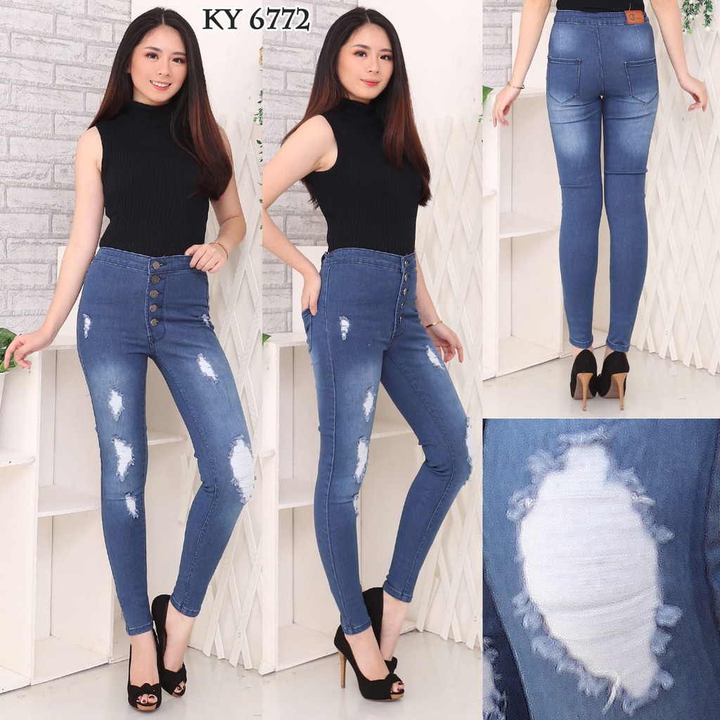 7C-G CELANA JEANS PREMIUM HIGHWAIST KANCING 5 SOBEK BIRU JEANS /RIPPED JEANS /27 - 34