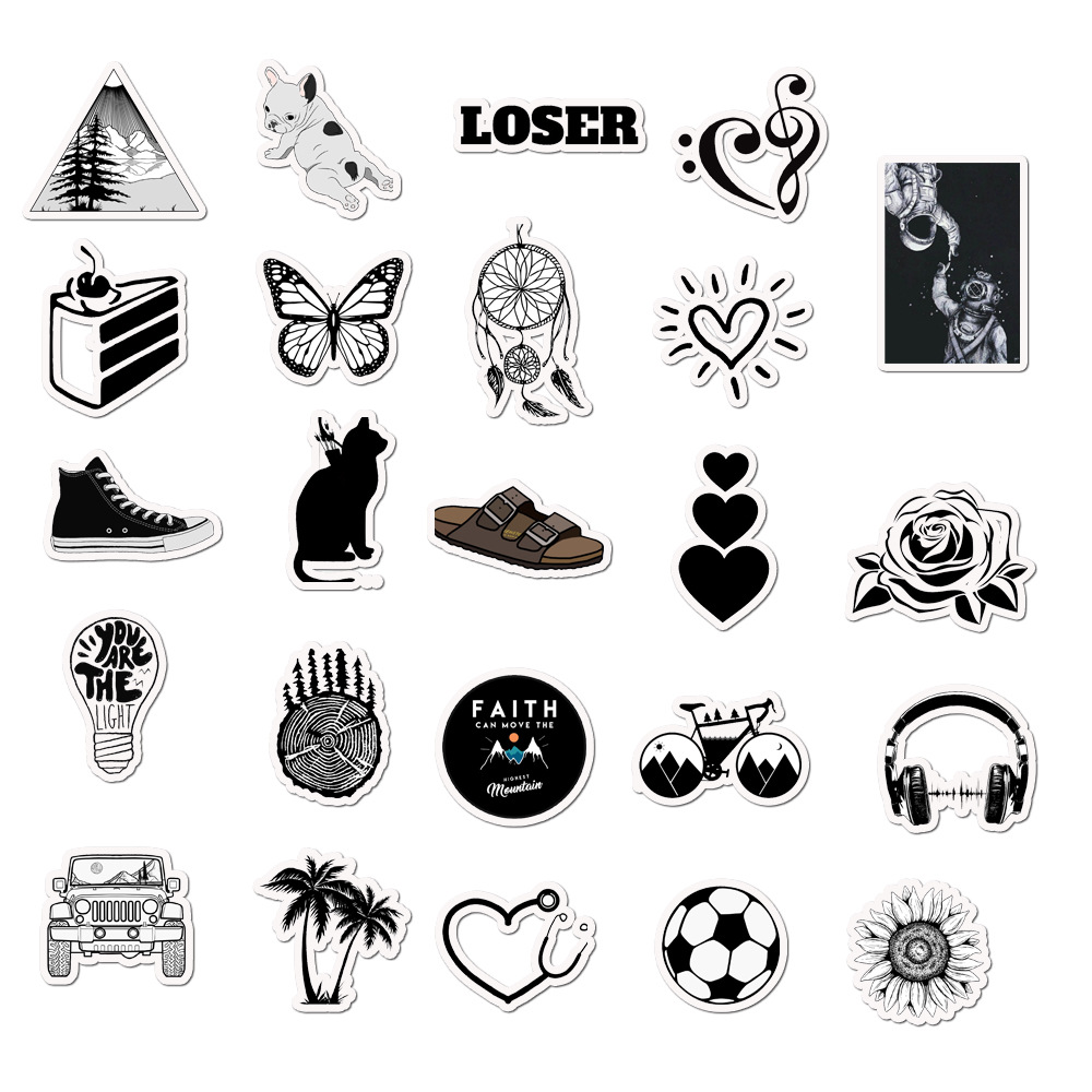 50Pcs/set Black White VSCO Design Waterproof DIY Stickers For Laptop Moto Skateboard Luggage Notebook Decor