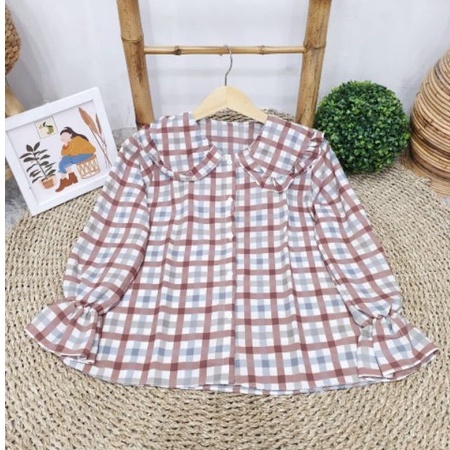BLOUSE BALON MIZU TARTAN /Una Top KEMEJA REMPEL LORI SHIRT / BLOUSE TARTAN KOTAK OVERSIZE-MIZU NEW MAROON