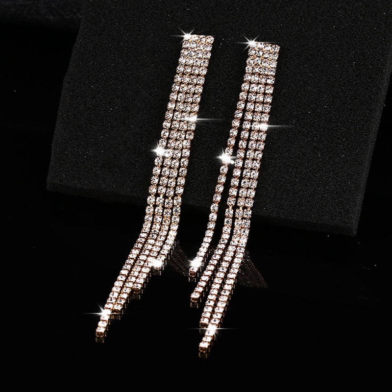 Fancyqube Anting Rumbai Panjang Hias Kristal Berlian Imitasi Untuk Wanita