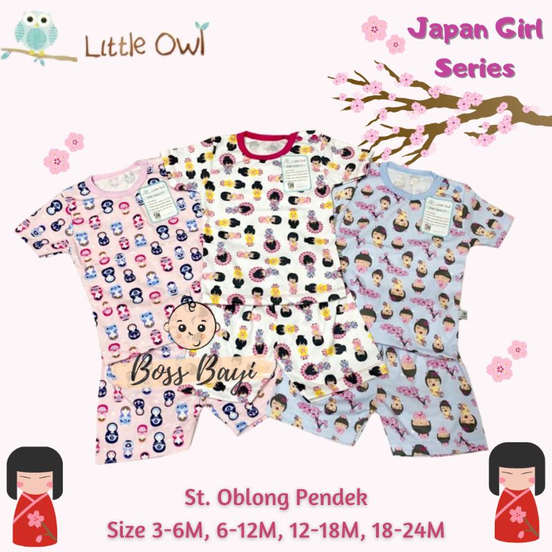 LITTLE OWL Setelan Oblong Pendek Kancing Pundak 3-6M, 6-12M, 12-18M, 18-24M Motif Girl