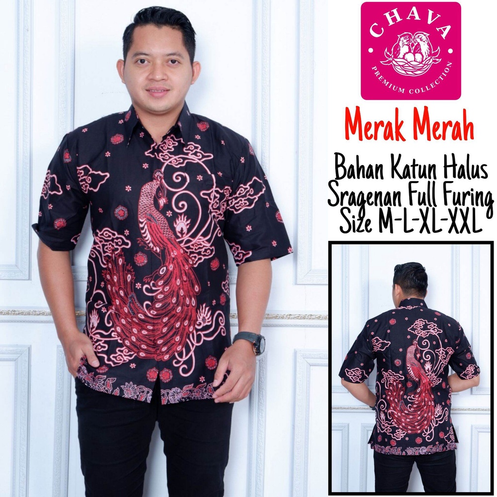 Hem batik lengan pendek warna merah/baju batik pendek terbaru warna hitam/kemeja batik motif merak