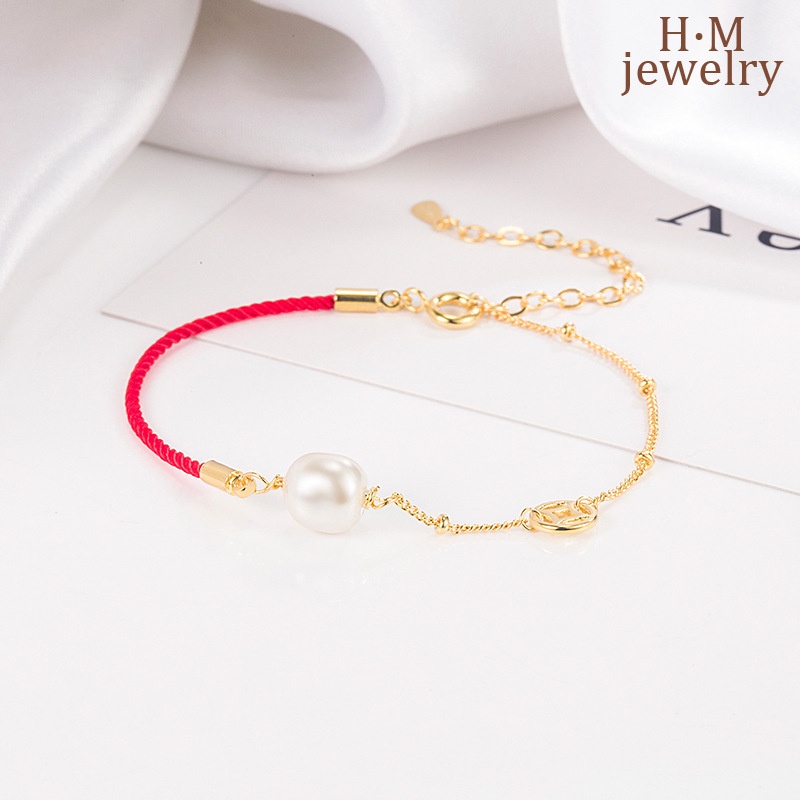 Gelang Tali Merah Aksen Mutiara Bahan S925 Silver Gaya Retro