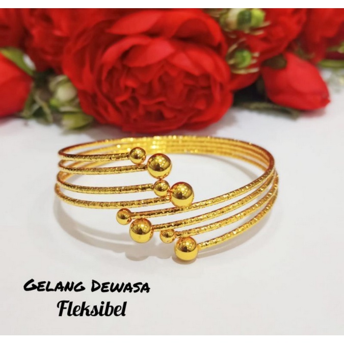 Gelang Wanita Keroncong Motif Bulat Fleksibel + Cincin Dewasa Fleksibel Lapis Emas 24k