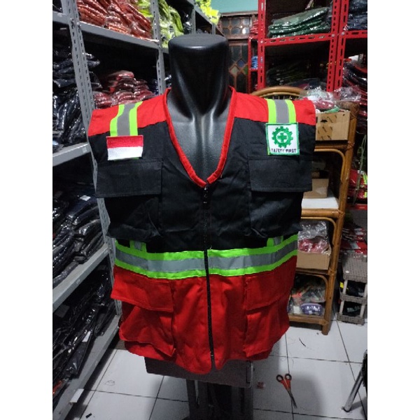 ROMPI SAFETY PREMIUM BAHAN KAIN DRILL MERAH HITAM BERLOGO