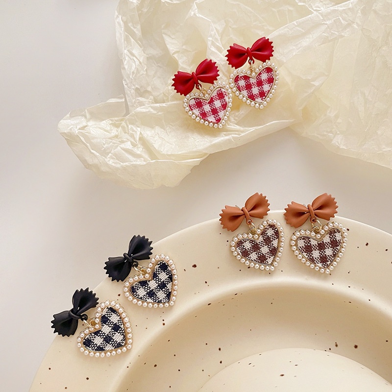 Lattice Love Bowknot Earrings Fashion Pearl Earrings Temperament Peach Heart Earrings Japanese and Korean Jewelry
