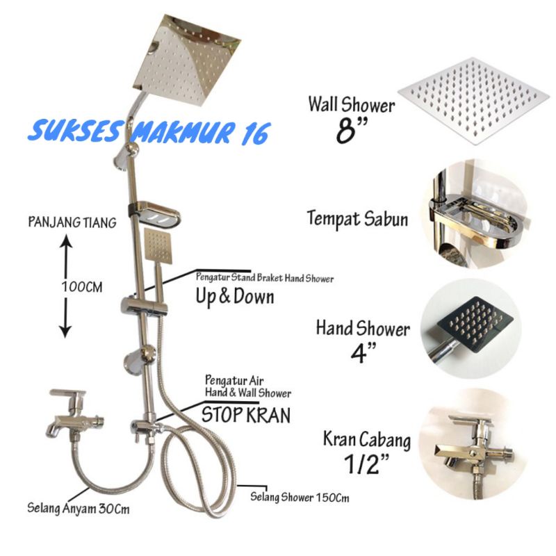 Shower Mandi Set Tiang + Kran Cabang 1/2&quot; SHOWER COULUMN Stainless Model Kotak / Wall &amp; Hand Shower Stainless | Shower Tiang Stainless