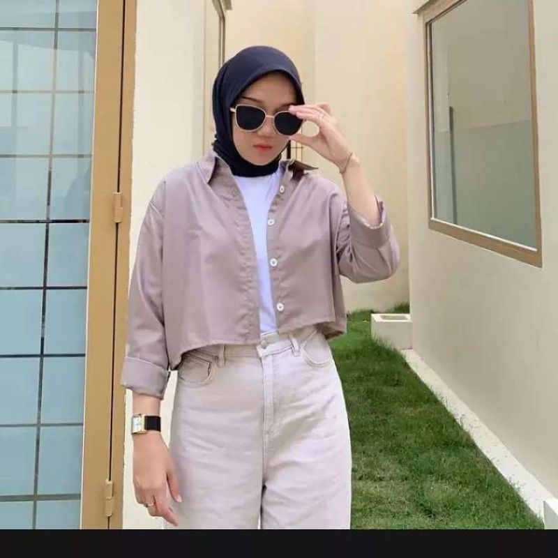 Kemeja crop top lengan panjang / kemeja polos atasan wanita / T shirt