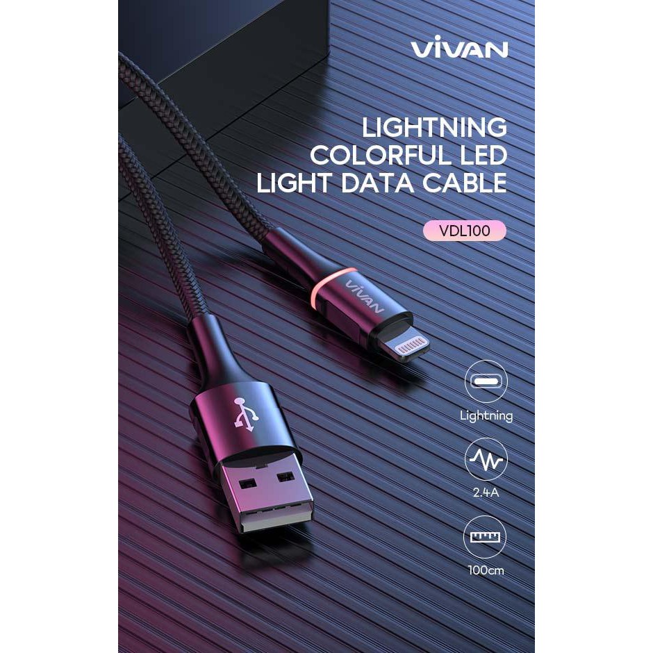 Vivan VDL100 2.4A Lightning Data Cable LED Light Quick Charger