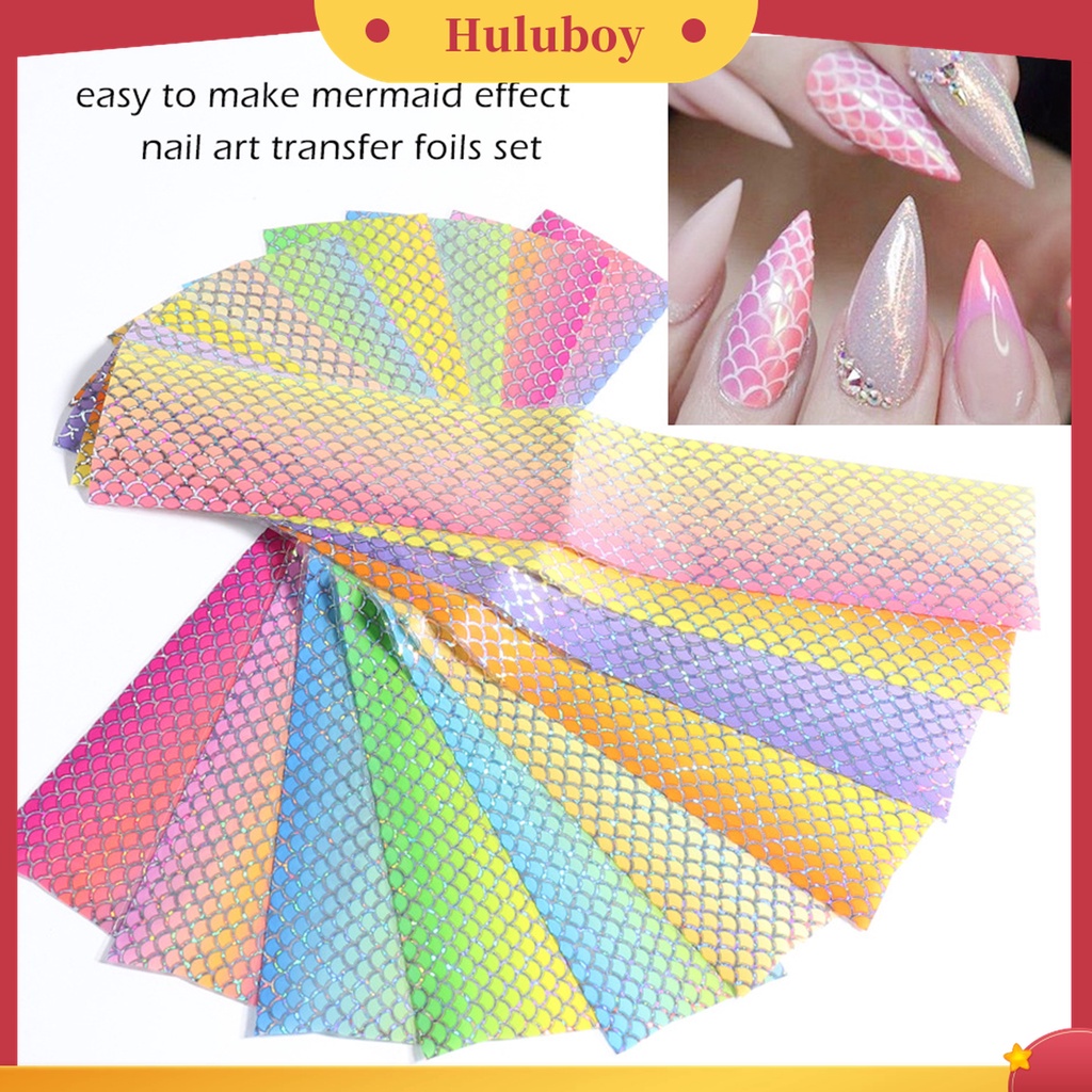 Huluboy Huluboy♡ 10 Pcs / Set Stiker Kuku Transfer Foil Desain Sisik Ikan Mermaid Warna-Warni Gradasi Untuk Manicure