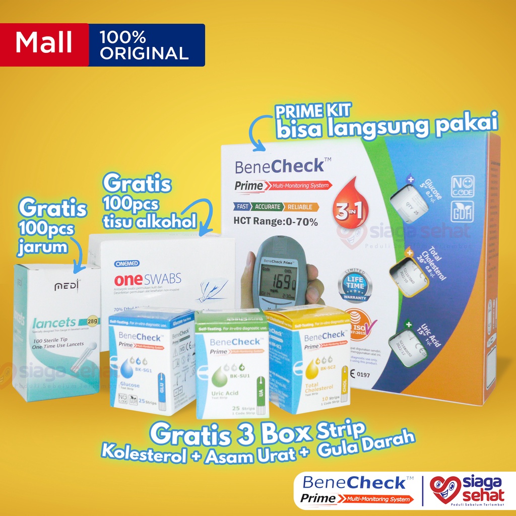 Jual BeneCheck Prime KIT Free 3 Box Strip+1 Box Alcohol Swab+1 Box ...