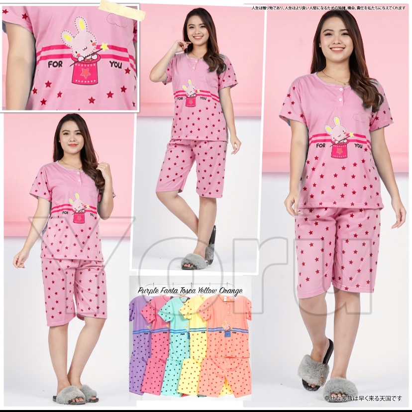 Pamelo.id Stelan C3/4 Baby Doll / Suplier Sleep Wear / Baju Tidur Wanita kaos Katun / Stelan Baju Tidur Murah Produk Terlaris Set HP-Rabbit star Fanta