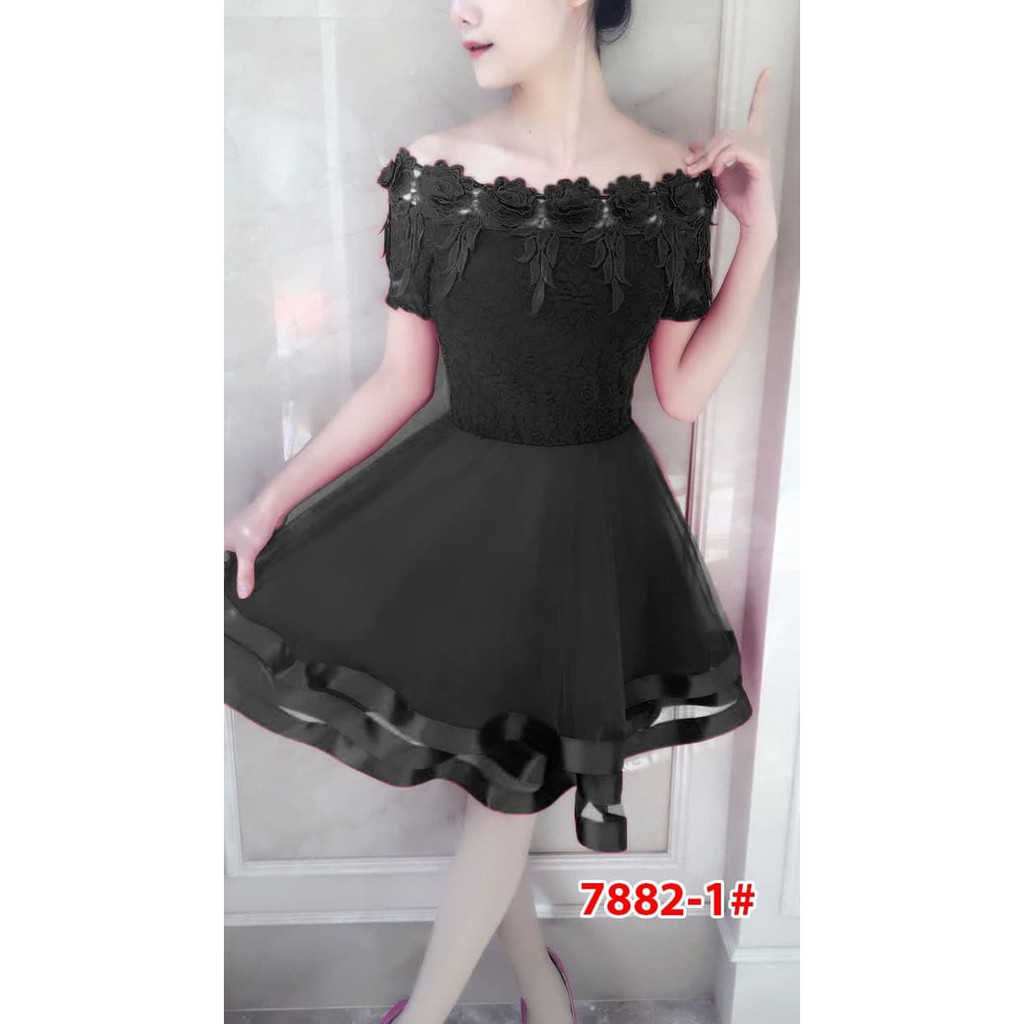 dress impor 7882-1 hitam/fashion dress brukat sabrina/casual dress cew
