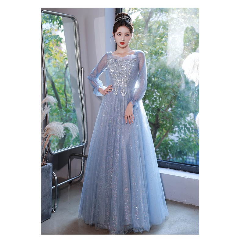 Gaun Pesta 2209023 Biru Muda Lengan Panjang Party Dress