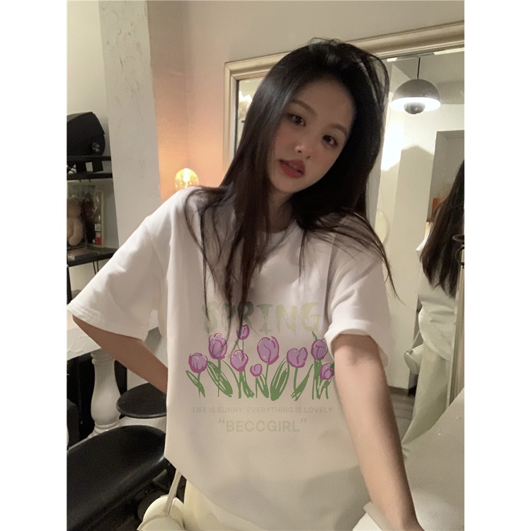 EUNII T-shirt Lengan Pendek Manis Bunga Tulp Pencetakan Longgar Korean Style/Kaos Atasan Wanita/Baju Kaus Oversize Wanita