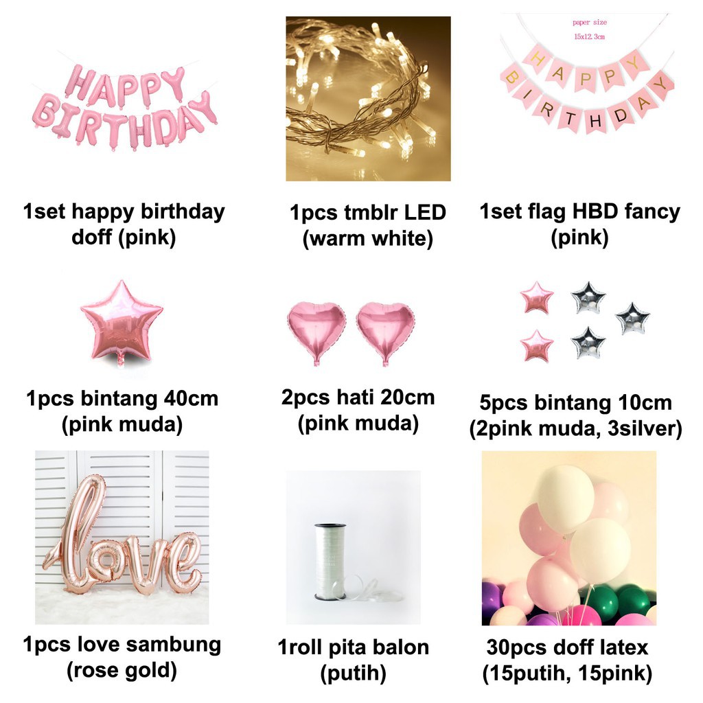 [PAKET] BIRTHDAY Set FANCY LED PINK Dekorasi Backdrop Ulangtahun