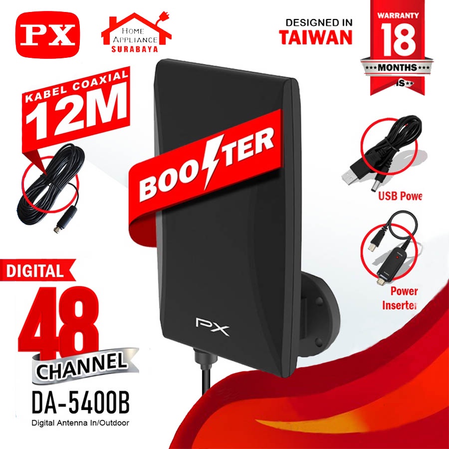 PX DA-5400B Antena TV Digital Analog+Kabel 12M Booster Indoor/Outdoor
