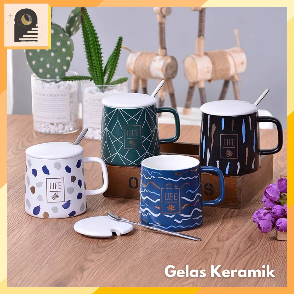 Either.id Gelas Cangkir Keramik Estetik Style Cantik Nordic Kopi Teh Keramik Mug Tutup Sendok vol.1