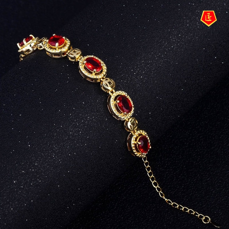 [Ready Stock]Luxury 18K Gold Ruby Inlaid Colored Gems Bracelet