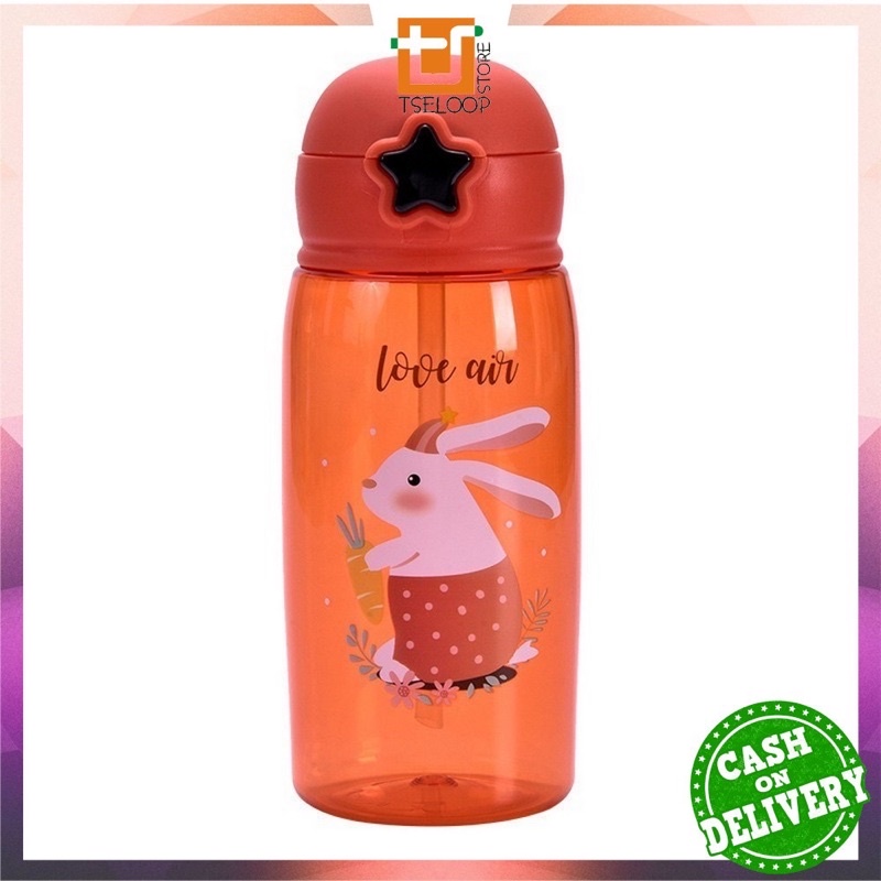 Botol Air Minum 520ML Tombol Bintang / Botol Minum Anak Lucu Motif Karakter Imut dengan Sedotan BPA FREE