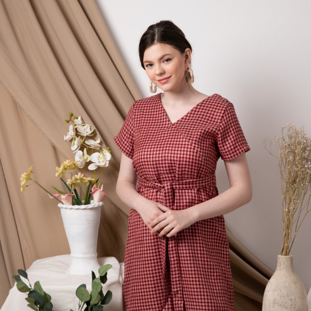 Sorabel - Yvone V Neck Dress / Dress Wanita Motif Kotak-Kotak Lengan Pendek