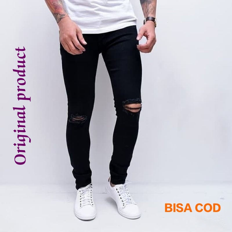 Celana Jeans Panjang Pria Sobek Lutut Bahan Melar Denim Cowok Dewasa Robek Premium Original