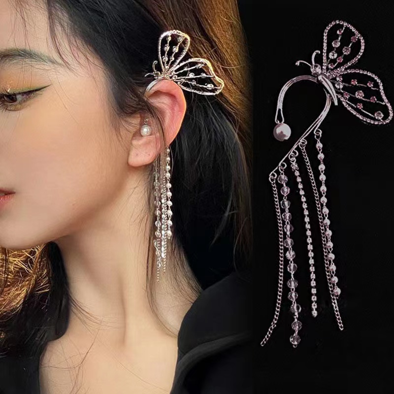 Anting Klip Tanpa Tindik Desain Pita Rumbai Hias Berlian Imitasi Berkilau Gaya Korea Untuk Wanita